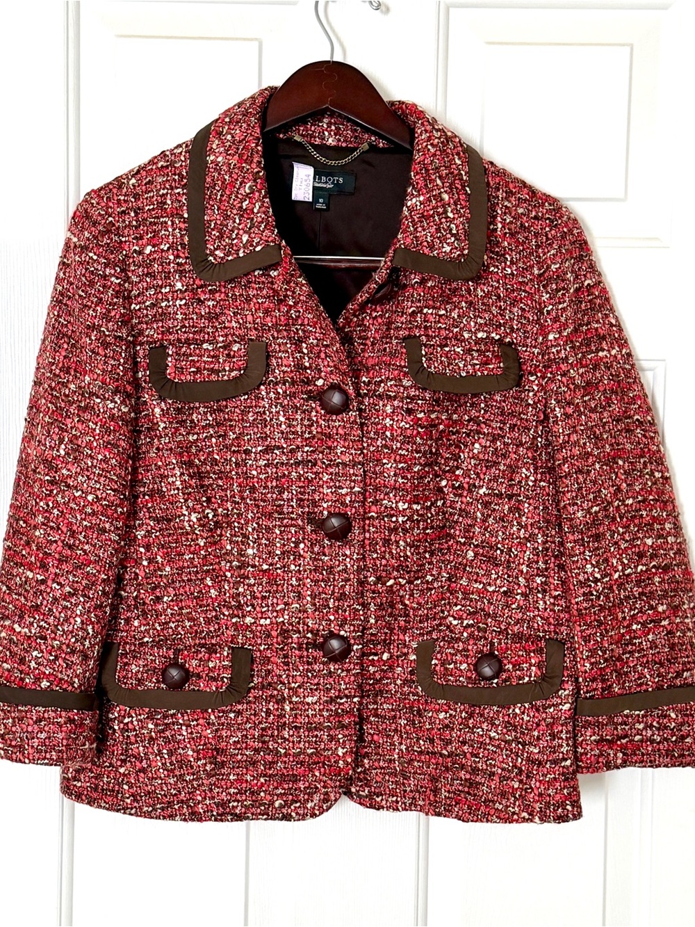 Talbots Size 10 Tweed Wool Blend Jacket Blazer Brown Trim Preppy